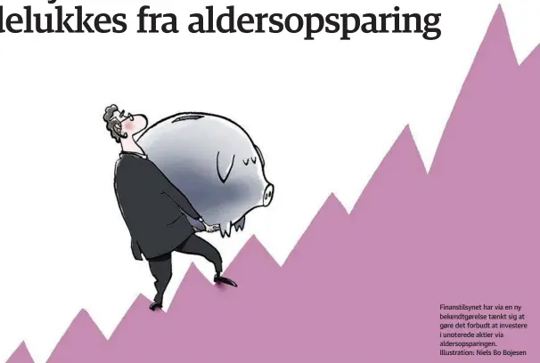  ??  ?? Finanstils­ynet har via en ny bekendtgør­else taenkt sig at gøre det forbudt at investere i unoterede aktier via aldersopsp­aringen. Illustrati­on: Niels Bo Bojesen