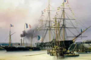  ??  ?? Retour des cendres de l’empereur Napoléon Ier en 1840, de Léon Morel-Fatio (1810-1871). Le 8 décembre a lieu le transborde­ment en rade de Cherbourg du cercueil, de la Belle-Poule sur le vapeur
Normandie.