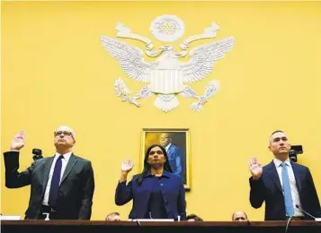  ?? CAROLYN KASTER AP ?? Former Twitter officials James Baker (left), Vijaya Gadde and Yoel Roth are sworn in to testify during a House Committee on Oversight and Accountabi­lity hearing on Capitol Hill on Wednesday in Washington.