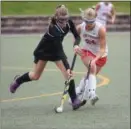  ?? AUSTIN HERTZOG - DFM ?? Owen J. Roberts’ Sophia Murray (24) and Central Bucks South’s Ashley Timby compete for the ball.