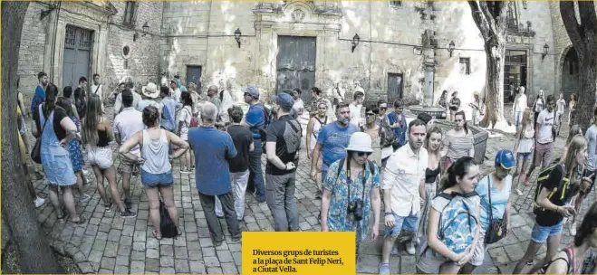  ?? Joan Cortadella­s ?? Diversos grups de turistes a la plaça de Sant Felip Neri, a Ciutat Vella.