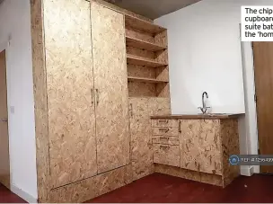  ?? ?? The chipboard cupboards and en suite bathroom in the ‘home office’