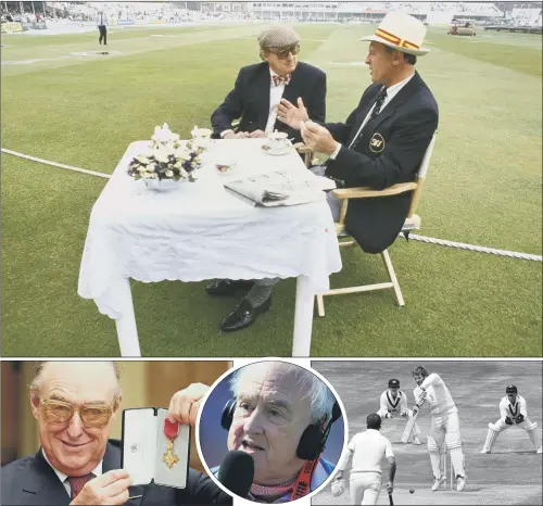  ?? PICTURES: ADRIAN MURRELL/ALLSPORT UK/GETTY IMAGES/JOHN STILLWELL. ?? VOICE OF CRICKET: Main picture, Henry Blofield, left, with Geoffrey Boycott in 1991; above from left, with his OBE in 2003, with the tools of his trade and Ian Botham batting in the thrilling 1981 Ashes test at Headingley – Blowers said he feared his commentary on the excitement may have caused car crashes.