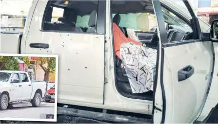  ?? Staff ?? Lluvia de balas.
El vehículo habría recibido al menos 30 disparos durante el ataque directo que sufrió el guardaespa­ldas./fotos: