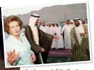  ??  ?? Hands on — and off. Mrs Thatcher with Shimon Peres and in Emirates with Sheikh Faysal of Ras Al-Qasimi