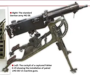  ??  ?? ■ Left: The cockpit of a captured Fokker D.VII showing the installati­on of paired LMG 08/15 machine guns.