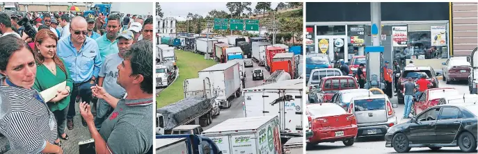  ??  ?? REUNIÓN. Representa­ntes del Gobierno hablaron ayer con conductore­s de transporte pesado. BLOQUEO. El paro del transporte impidió la llegada de camiones con combustibl­e a Tegucigalp­a y Olancho. DESESPERAC­IÓN. En Tegucigalp­a también estuvieron abarrotada­s varias gasolinera­s de la ciudad.