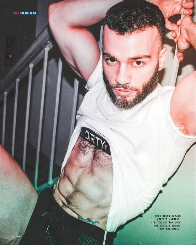  ??  ?? NICO WEARS HAZARD CIRCUIT HARNESS, STUD COLLECTION JOCK AND CIRCUIT SHORTS FROM BREEDWELL.