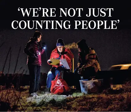  ?? BRYAN TERRY/THE OKLAHOMAN ?? Alex McGowan Rayburn, center, and Karen Martinez, left, speak to a person Thursday in northwest Oklahoma City during the Homeless Alliance’s 2023 Point in Time count of the homeless population.