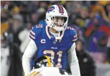  ?? AP File photo ?? Buffalo safety Jordan Poyer will be part of the Bills salary cap-related purge of players. The team informed Poyer and defensive back Siran Neal that they are being cut a week before the start of the NFL’s free-agency signing period.