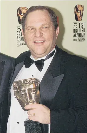  ??  ?? Harvey Weinstein with his Bafta award for Shakespear­e in Love. Weinstein’s wife has said she is leaving him as the sex scandal surroundin­g the disgraced Hollywood producer deepens.