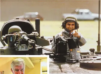  ?? STAFF PHOTO, LEFT, BY STUART CAHILL; ABOVE, AP FILE PHOTO ?? OFF TRACK: Ex-Gov. Michael Dukakis, seen yesterday in Waltham, left, says Roger Ailes’ tactics — including the now-infamous tank ad, above — helped blow up his 1988 presidenti­al campaign.