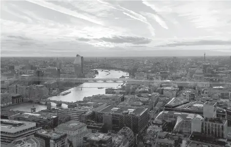  ??  ?? A view of London from atop the 34-storey building known as the Walkie Talkie. The timed tickets are free — and worth the effort — but sunset hours go fast.