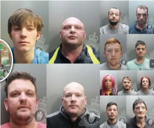  ??  ?? ● The drug gang who were sentenced. Main four pics top left to right Dwayne Pritchard, Richard Griffiths; bottom left to right Ryan Philip Edwards, Sion Alaw Griffiths. Right hand pics from top left to right: Stuart Thomas Clarke, Glyn Edwards, Thomas Faulds, Blake Lloyd Roberts, Gemma Pearce,John Kule Griffiths, Jayne Pritchard, Aled Roberts, Adrian Brindley. Inset left, sweet boxes used by the gang