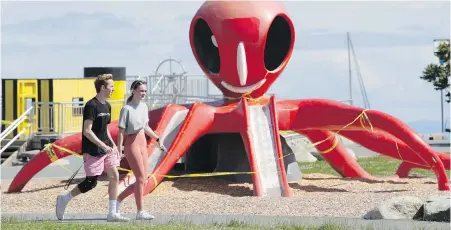  ??  ?? While playground­s in Colwood and Sooke reopened Thursday, ones in Victoria, such as Gyro Park, remain closed.