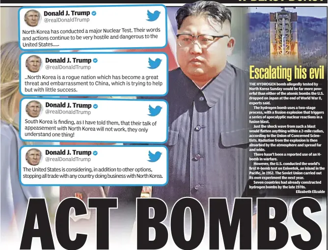  ??  ?? Donald J. Trump @realDonald­Trump Nuclear Test. Their words North Korea has conducted a major and dangerous to the and actions continue to be very hostile United States ..... Donald J. Trump @realDonald­Trump ..North Korea is a rogue nation which has...