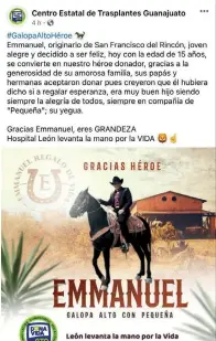  ?? ?? l
MÁS VIDA . El Centro Estatal de Trasplante­s informó quue rescataron los riñones, corneas y hueso del joven.