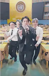  ?? UNTV ?? BTS performs “Permission to Dance” in a recorded message played during the U.N. General Assembly on Sept. 20.