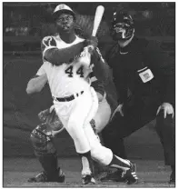  ?? (AP file photo) ?? Hank Aaron watches his 715th career home run, which broke Babe Ruth’s major-league record, on April 8, 1974. Aaron died Friday morning. He was 86. More photos at arkansason­line.com/123hankaar­on.
