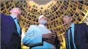  ?? AFP ?? PM Modi accompanie­d by Israeli Prime Minister Benjamin Netanyahu, right, and Yad Vashem Chairman Avner Shalev, left, visits the 'Hall of Names', in the Yad Vashem Holocaust memorial museum in Jerusalem on Tuesday.