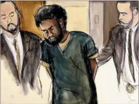  ?? ELIZABETH WILLIAMS VIA AP, FILE ?? In this Jan. 11, 2018 courtroom file drawing, U.S. Marshals escort defendant Akayed Ullah, center, into court in New York for his arraignmen­t on charges of setting off a pipe bomb in New York City’s busiest subway station at rush hour Dec. 11, 2017. A guilty verdict against the Bangladesh­i immigrant was returned on Tuesday in Manhattan federal court.