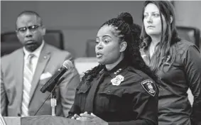  ?? Marie D. De Jesús/Staff file photo ?? HISD Assistant Police Chief Lucretia Rogers speaks about campus security needs May 25 with Superinten­dent Millard House II, left, and district officials.