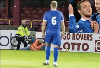  ??  ?? Steward James Derwin is attended to after he was allegedly assaulted. Limerick player, Jason Hughes is red carded by the referee (below). Hughes is pictured above (inset).