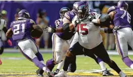  ?? Brett Coomer / Houston Chronicle ?? Nose tackle Vince Wilfork (75) knows the Texans will have their work cut out for them in stopping the Broncos running backs.