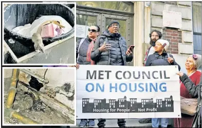  ?? ?? ‘HE HAD IT COMING’: Tenants protest last week outside of one of Daniel Ohebshalom’s rodent-infested (top), crumbling (bottom) buildings. Many thought it was karma when they learned he had been punched in jail Friday.