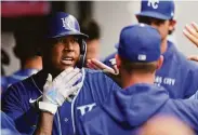  ?? Tony Dejak / Associated Press ?? The Royals’ Salvador Perez celebrates after homer No. 46 broke the record for catcher home runs.
