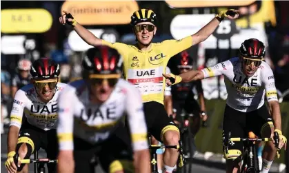  ?? Photograph: Anne-Christine Poujoulat/AFP/Getty Images ?? Tadej Pogacar celebrates his victory in the 2021 Tour de France on the Champs-Élysées.