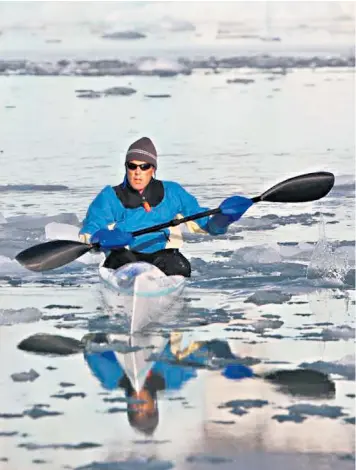  ??  ?? Frozen out: in 2008 Gordon Pugh, above, had to abandon his plan to kayak all the way to the North Pole as the ice was too thick