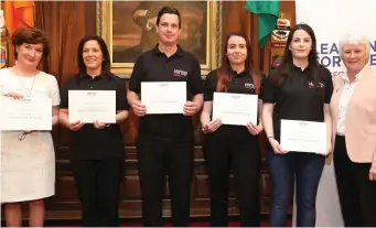  ??  ?? Pictured at the Learning for Life Graduation in The Mansion House are graduates Michelle Doherty, Jason Moloney, Bernie Duff and Aisling Keenan with Minister of State for Communitie­s and national Drugs Strategy Catherine Byrne T.D and Angela Smith,...