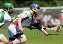  ??  ?? Avondale’s Dean Gahan and Kiltegan’s Steven Coogan compete for the ball during the SHC in Pearse’s Park, Arklow.