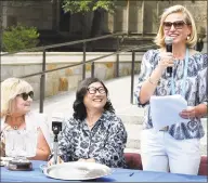  ?? Peter Hvizdak / Hearst Connecticu­t Media ?? Connecticu­t Open tournament director Anne Worcester, right, with WTA supervisor Donna Kelso, left, and new Yale Athletic Director Victoria Chun during the main draw ceremony for the tennis tournament Friday at Yale University’s Sterling Library in New Haven.