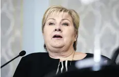  ?? MARTTI KAINULAINE­N / LEHTIKUVA ?? “It’s not a female conspiracy,” says Norwegian Prime Minister Erna Solberg.