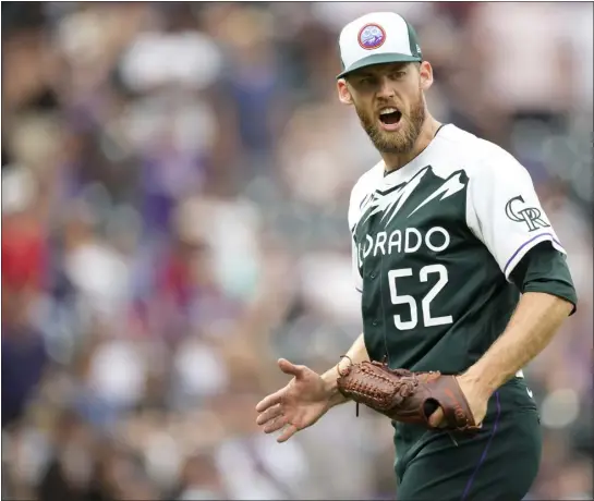  ?? DAVID ZALUBOWSKI — THE ASSOCIATED PRESS ?? Colorado Rockies relief pitcher Daniel Bard yells after getting Arizona Diamondbac­ks’ Daulton Varsho to ground out with the bases loaded to end the ninth inning on July 3 in Denver.