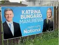  ??  ?? A billboard at the last election in 2017 for National Party candidate Katrina Bungard, left, with former leader Bill English.