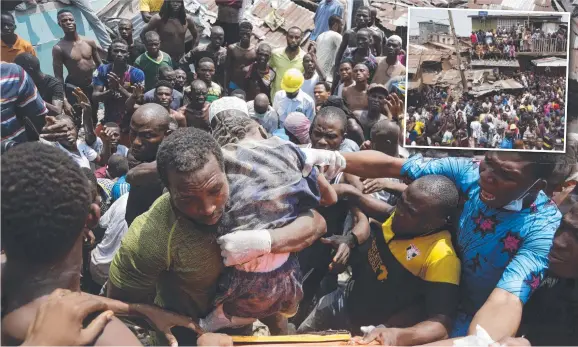  ?? Picture: AP ?? TRAGEDY: A child is rescued from the rubble of the collapsed building in Lagos, Nigeria, which housed a primary school on its higher levels