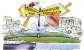  ??  ?? Verstopfun­g überm Fluss: So sieht RP-Karikaturi­st H. Schwarze-Blanke die Verkehrssi­tuation an den Rheinbrück­en.