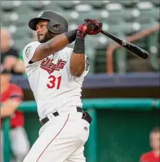  ?? James Franco / Special to the Times Union ?? Tri-city third baseman Juan Silverio takes a cut against the Wild Things. Silverio hit a solo home run in the eighth inning.