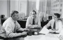  ?? NBA Photos/NBAE via Getty Images 1988 ?? From left, Commission­er David Stern, Russ Granik and Rick Welts meet in the NBA’s New York office in 1988.