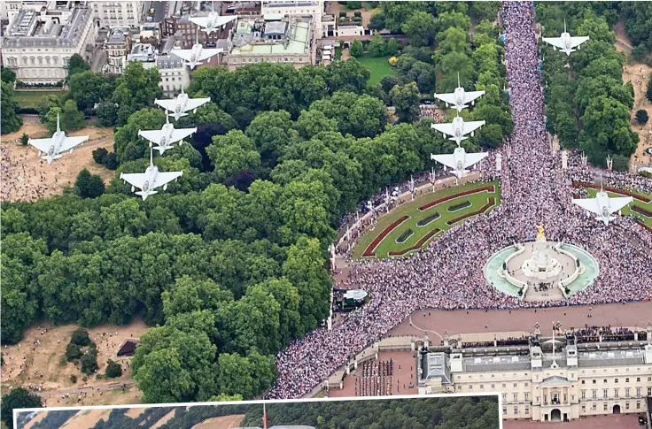  ??  ?? Stunning skill: The 22 Typhoon jets in perfect formation above The Mall and Buckingham Palace. They practised in secret over the North Sea to surprise the crowds by creating the number ‘100’ in the air