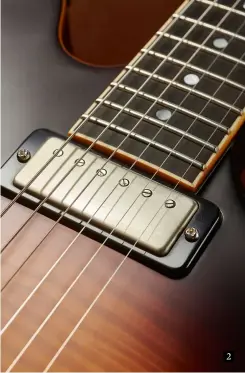  ??  ?? 2 Instead of following Gibson’s four‑control layout, the Elise uses a master volume and tone control along with the Vari‑coil (which moves from full humbucking to single coil), and a three‑way toggle pickup selector Both humbuckers are designed by Trev...