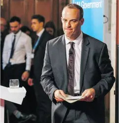  ?? LUKE MACGREGOR / BLOOMBERG ?? The U.K. Conservati­ve government’s Brexit secretary Dominic Raab departs after delivering a speech on Brexit plans Thursday to business leaders in London.