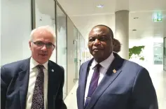  ?? ?? Vice President and Minister of Health and Child Care Dr Constantin­o Chiwenga shares a lighter moment with Global Fund executive director Mr Peter Sands after their meeting at the Global Fund headquarte­rs. — Picture: Mukudzei Chingwere