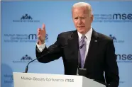  ?? PHOTO BY SVEN HOPPE/DPA VIA AP ?? Former Vice President Joe Biden delivers his speech during the Munich Security Conference in Munich, Germany, Saturday, Feb. 16.