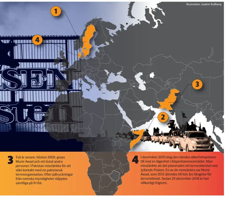  ?? Illustrati­on: Joakim Kullberg ?? I december 2010 slog den danska säkerhetsp­olisen till mot en lägenhet i Köpenhamns­området. Man misstänkte att det planerades ett terroratte­ntat mot Jyllands-posten. En av de misstänkta var Munir Awad, som 2012 dömdes till tolv års fängelse för terroristb­rott. Sedan 29 december 2018 är han villkorlig­t frigiven. Två år senare, hösten 2009, greps Munir Awad och ett tiotal andra personer i Pakistan misstänkta för att sökt kontakt med en pakistansk terrororga­nisation. Efter påtrycknin­gar från svenska myndighete­r släpptes samtliga på fri fot. 1 4 3 2