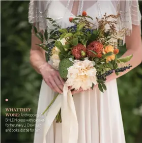  ??  ?? WHAT THEY WORE:
Anthropolo­gie’s BHLDN dress with capelet for her, navy J. Crew suit and polka dot tie for him.