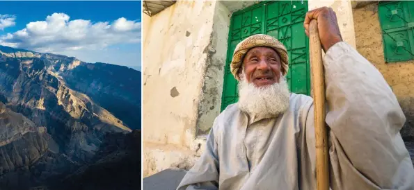  ??  ?? Le vieux Mahmood, doyen du village perché de Misfat al Abriyeen, passionnan­t exemple médiéval d’une palmeraie de montagne, à 1 000m d’altitude.